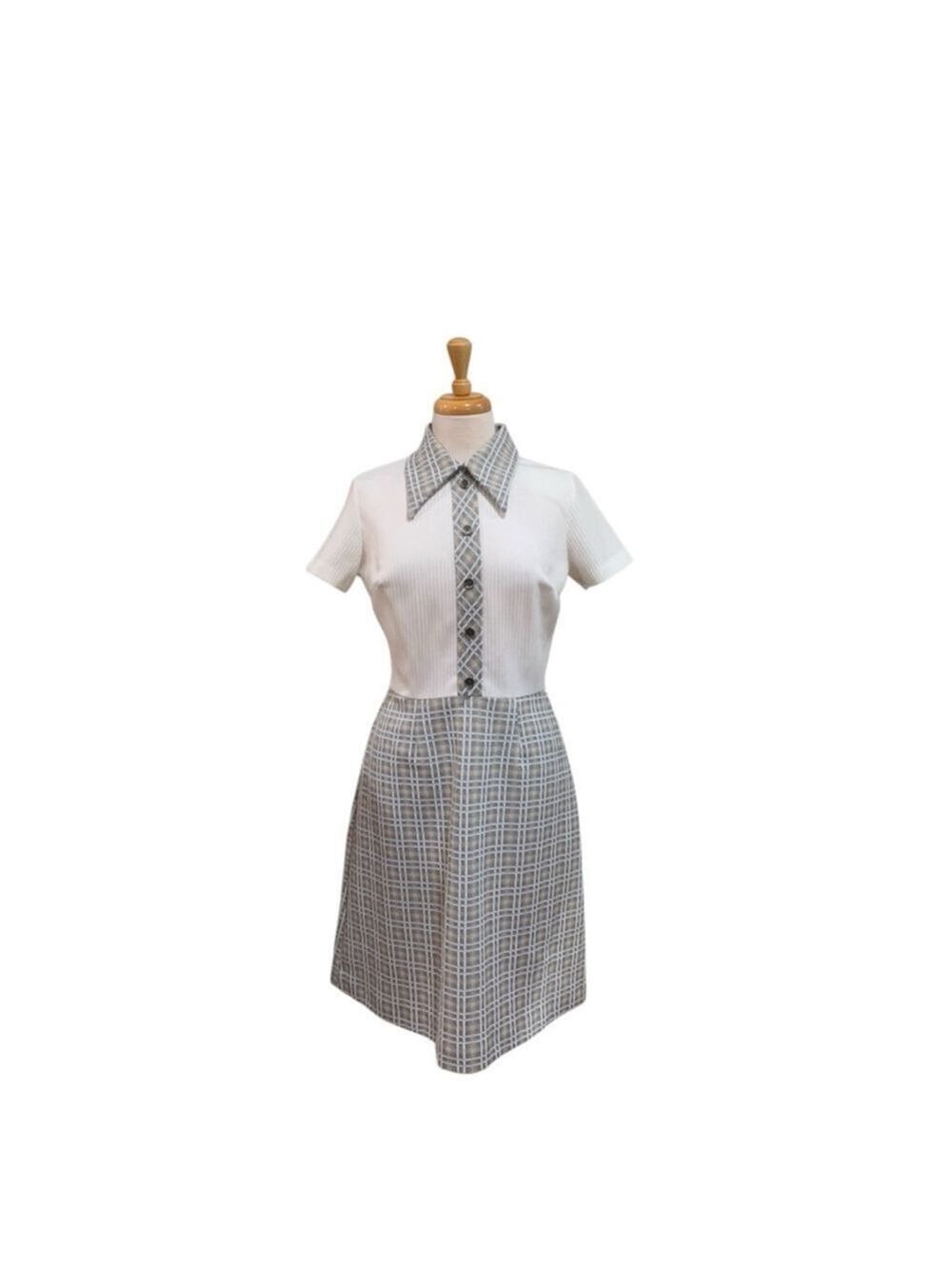 Vntg 70’s Women's White Gray Plaid Short Sleeve Dress Size 12